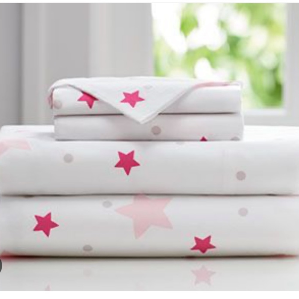 TWIN Sheet Set by SLEEP NUMBER. Pink stars and gray polka dots. TWIN